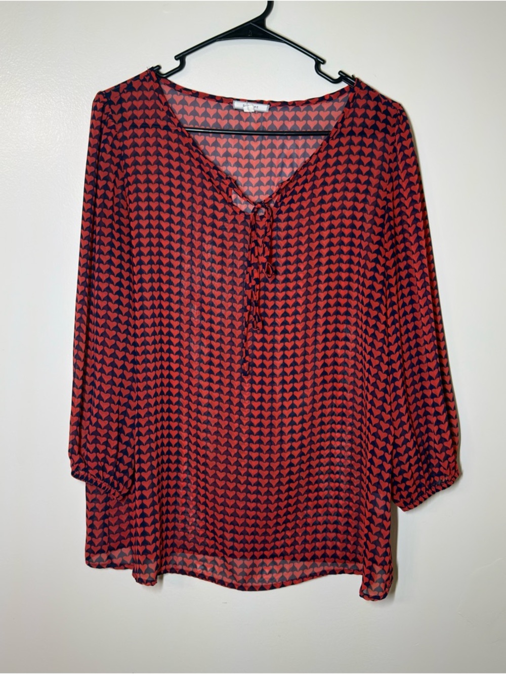 Pleione Red & Black Heart Pattern Tie-Front Sheer Blouse